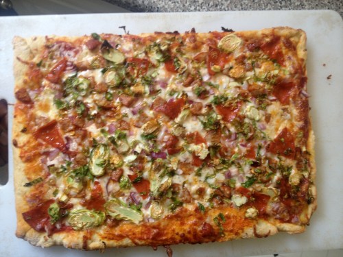 Uncured pepperoni, Brussels sprouts, red onion, and a few bits of sausage.